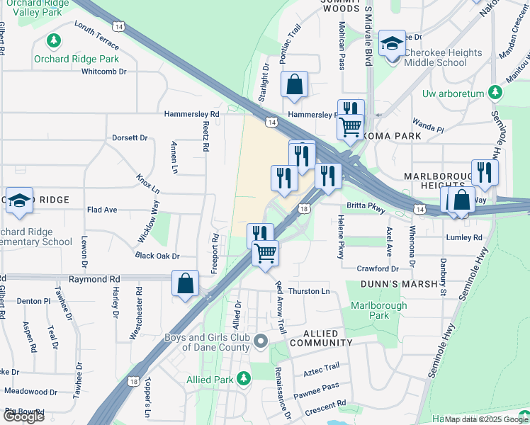 map of restaurants, bars, coffee shops, grocery stores, and more near 4716 Verona Road in Madison
