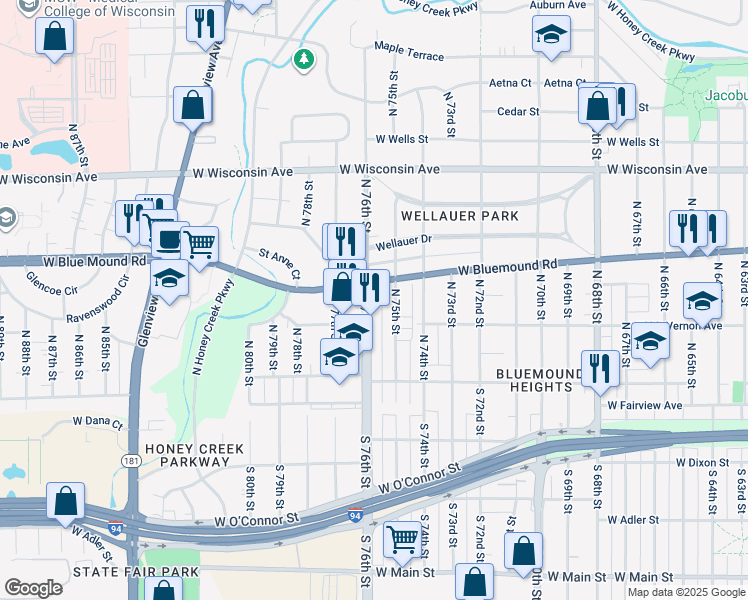 map of restaurants, bars, coffee shops, grocery stores, and more near 7515 West Bluemound Road in Milwaukee