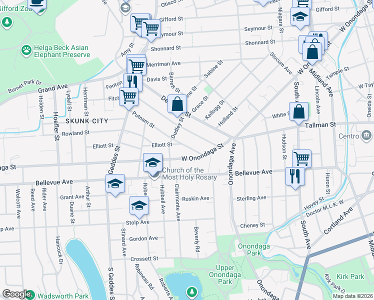 map of restaurants, bars, coffee shops, grocery stores, and more near 124 Putnam Street in Syracuse