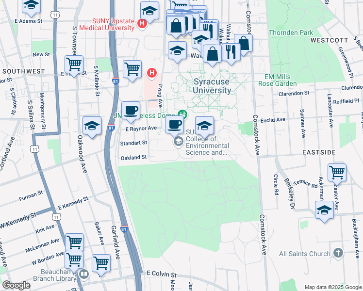 map of restaurants, bars, coffee shops, grocery stores, and more near 1 Forestry Drive in Syracuse