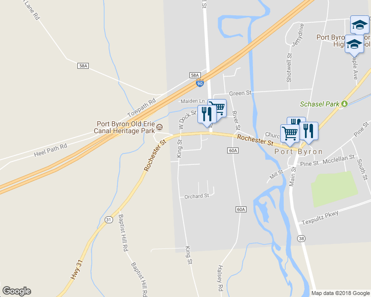 map of restaurants, bars, coffee shops, grocery stores, and more near 15 1st Hill Street in Port Byron