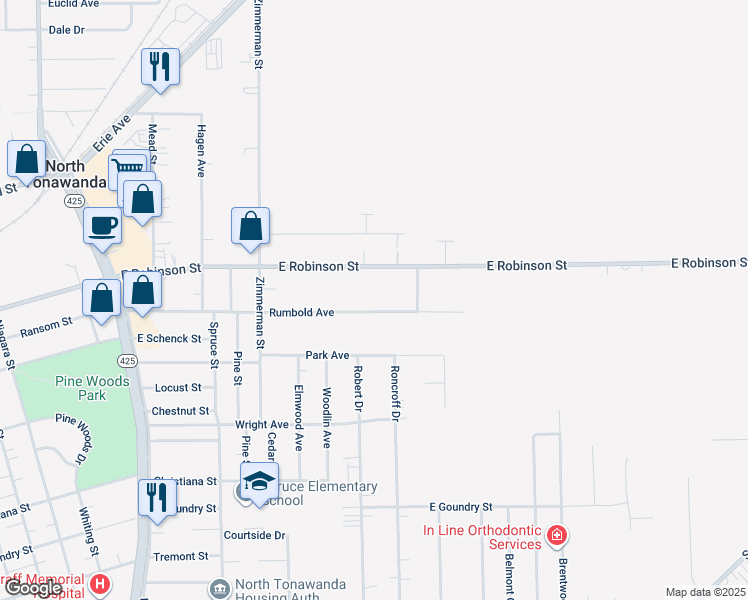 map of restaurants, bars, coffee shops, grocery stores, and more near 282 Rumbold Avenue in North Tonawanda