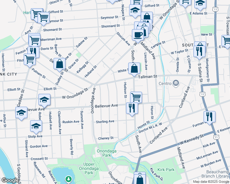 map of restaurants, bars, coffee shops, grocery stores, and more near 210 Rich Street in Syracuse