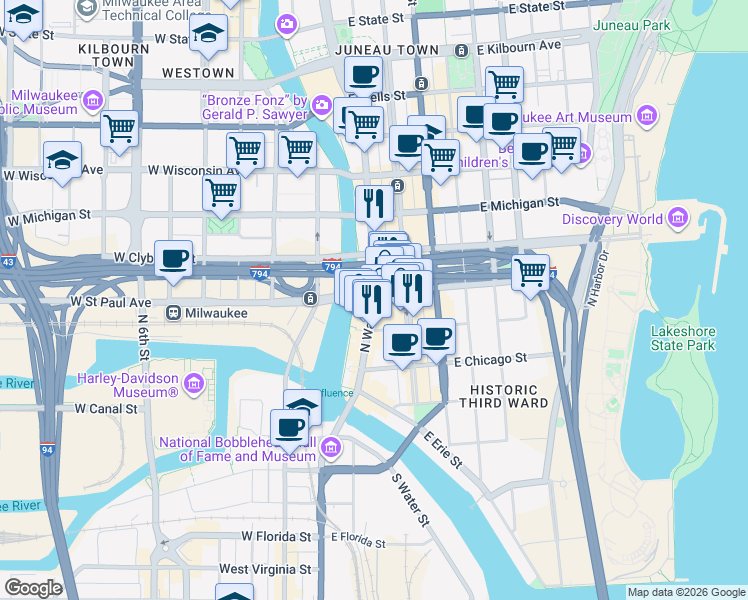 map of restaurants, bars, coffee shops, grocery stores, and more near 340 North Water Street in Milwaukee