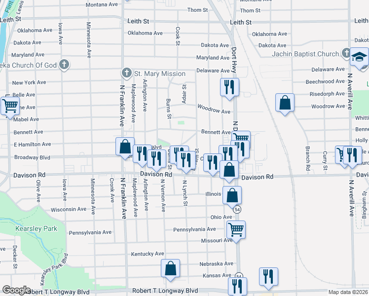 map of restaurants, bars, coffee shops, grocery stores, and more near 2406 Broadway Boulevard in Flint