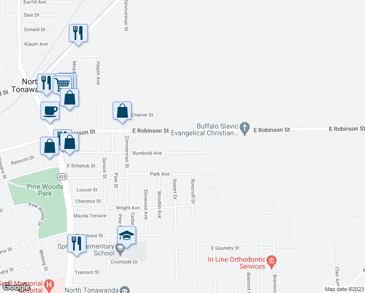 map of restaurants, bars, coffee shops, grocery stores, and more near 282 Rumbold Avenue in North Tonawanda