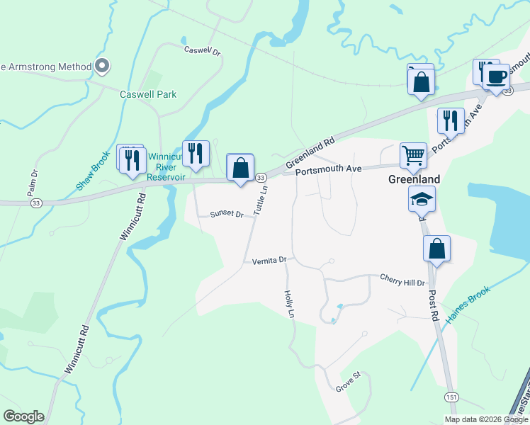 map of restaurants, bars, coffee shops, grocery stores, and more near 21 Tuttle Lane in Greenland