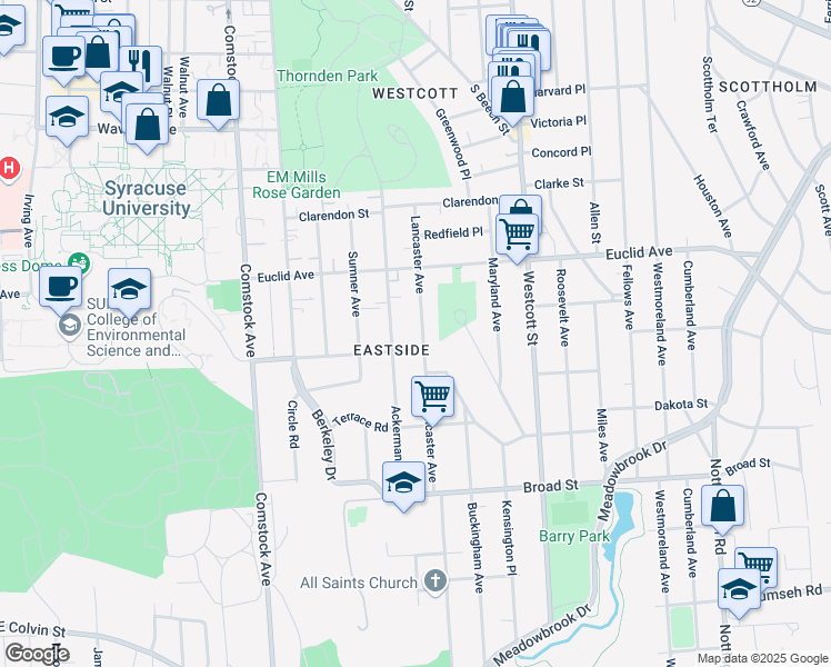 map of restaurants, bars, coffee shops, grocery stores, and more near 860 Lancaster Avenue in Syracuse