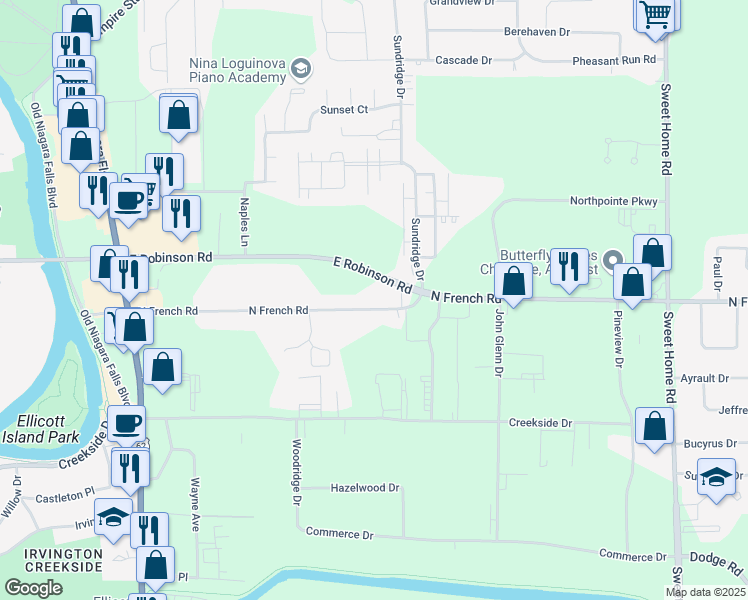 map of restaurants, bars, coffee shops, grocery stores, and more near 330 North French Road in Buffalo