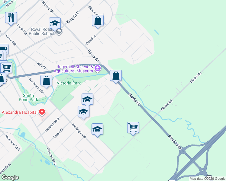 map of restaurants, bars, coffee shops, grocery stores, and more near 7 Chatfield Street in Ingersoll