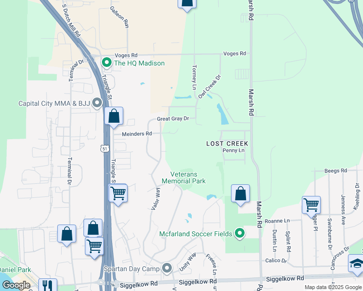 map of restaurants, bars, coffee shops, grocery stores, and more near 5106 Meinders Road in McFarland