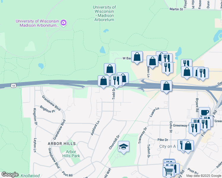 map of restaurants, bars, coffee shops, grocery stores, and more near 2703 West Beltline Highway in Madison