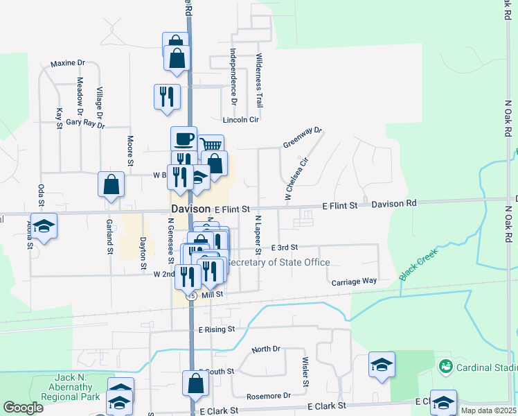 map of restaurants, bars, coffee shops, grocery stores, and more near 401 East Flint Street in Davison