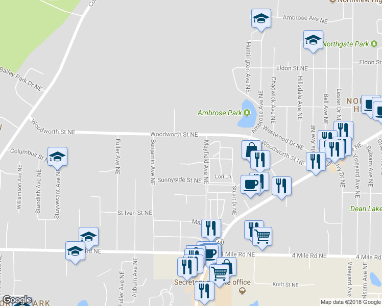 map of restaurants, bars, coffee shops, grocery stores, and more near 3939 Mayfield Avenue Northeast in Grand Rapids
