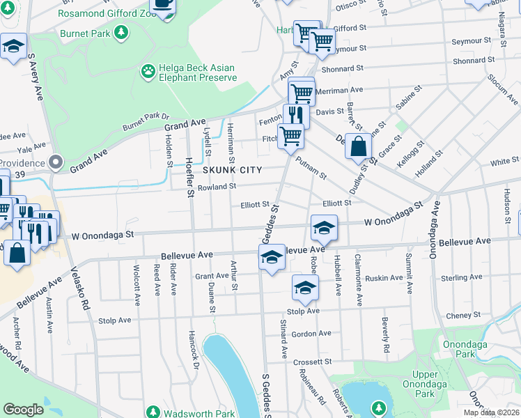 map of restaurants, bars, coffee shops, grocery stores, and more near 411 Elliott Street in Syracuse
