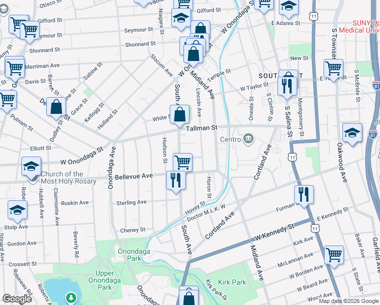 map of restaurants, bars, coffee shops, grocery stores, and more near 401-45 South Avenue in Syracuse