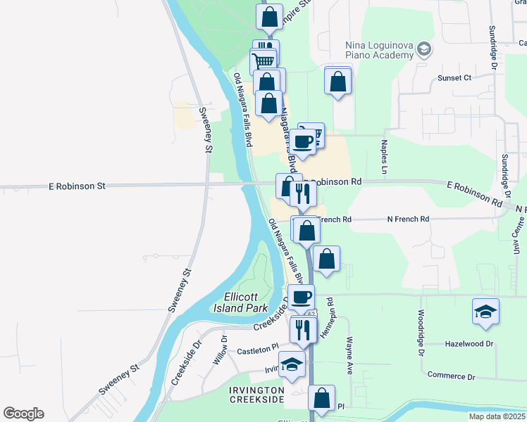 map of restaurants, bars, coffee shops, grocery stores, and more near 120 Old Niagara Falls Boulevard in Buffalo