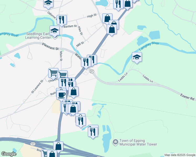 map of restaurants, bars, coffee shops, grocery stores, and more near 38 Exeter Road in Epping