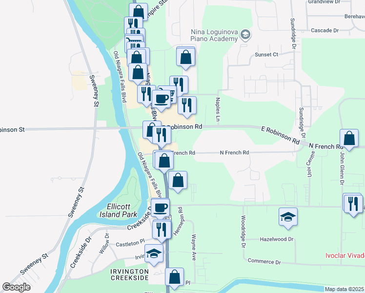 map of restaurants, bars, coffee shops, grocery stores, and more near 100 North French Road in Buffalo