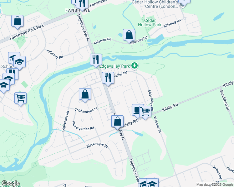 map of restaurants, bars, coffee shops, grocery stores, and more near 1610 Highbury Avenue North in London
