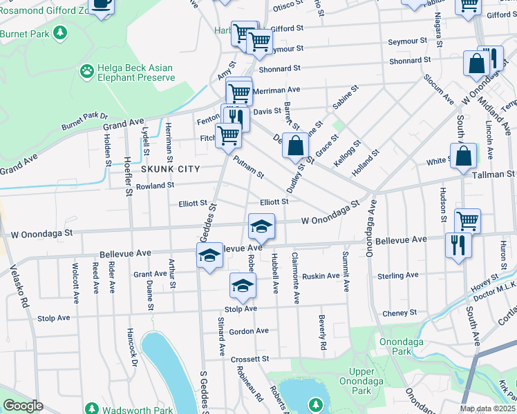 map of restaurants, bars, coffee shops, grocery stores, and more near 219 Elliott Street in Syracuse