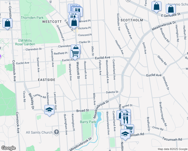 map of restaurants, bars, coffee shops, grocery stores, and more near 121-23 Miles Avenue in Syracuse