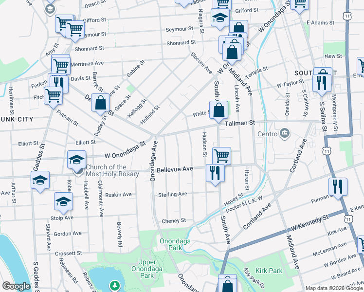 map of restaurants, bars, coffee shops, grocery stores, and more near 121 Palmer Avenue in Syracuse