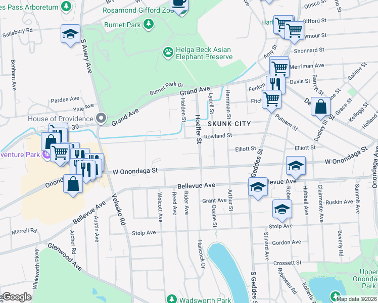 map of restaurants, bars, coffee shops, grocery stores, and more near 118-20 Loehr Avenue in Syracuse