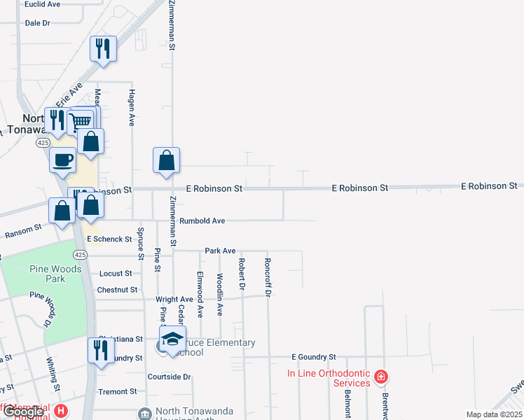 map of restaurants, bars, coffee shops, grocery stores, and more near 282 Rumbold Avenue in North Tonawanda