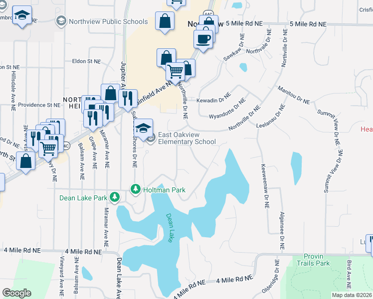 map of restaurants, bars, coffee shops, grocery stores, and more near 2410 Saratoga Drive Northeast in Grand Rapids