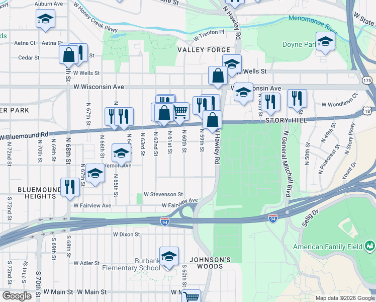 map of restaurants, bars, coffee shops, grocery stores, and more near 340 North 60th Street in Milwaukee