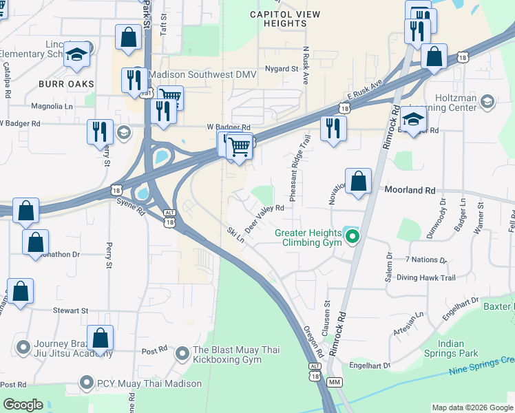 map of restaurants, bars, coffee shops, grocery stores, and more near 200 Deer Valley Road in Madison