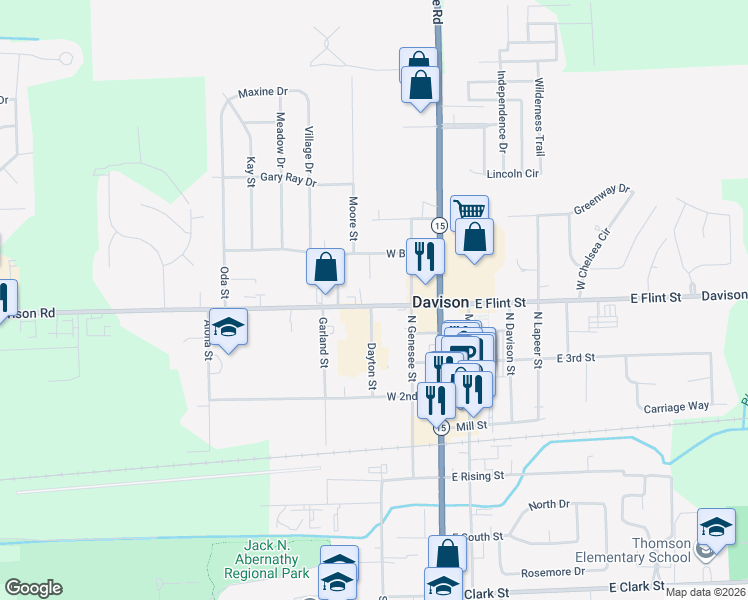 map of restaurants, bars, coffee shops, grocery stores, and more near 230 West Flint Street in Davison