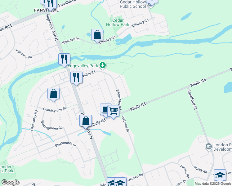 map of restaurants, bars, coffee shops, grocery stores, and more near 408 Edgevalley Road in London