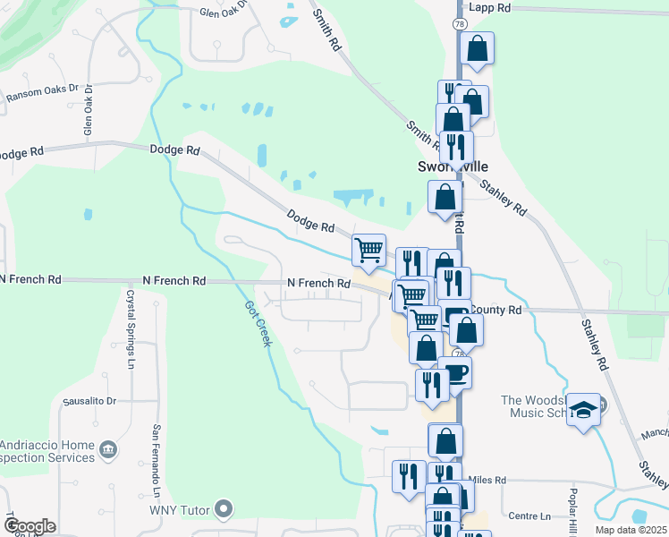 map of restaurants, bars, coffee shops, grocery stores, and more near 4400 North French Road in East Amherst