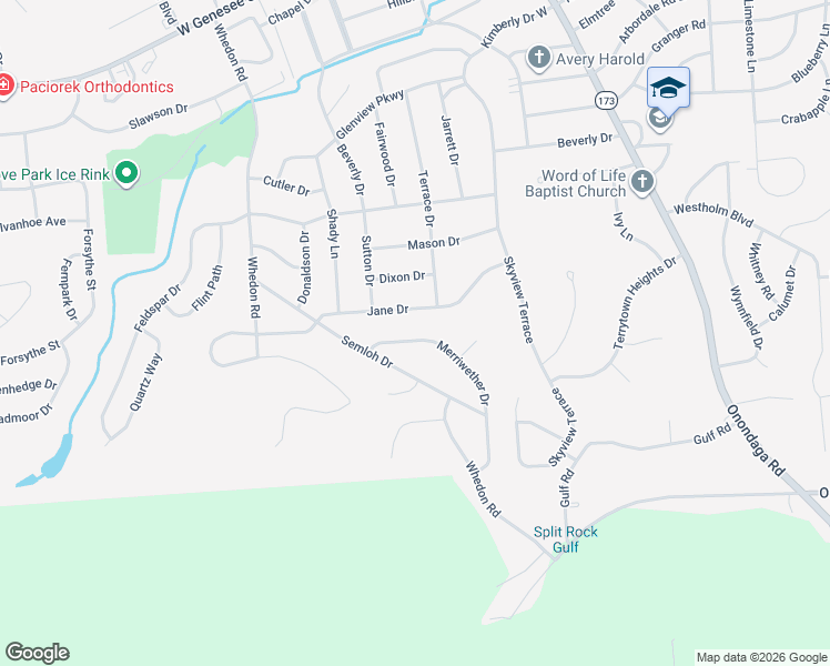 map of restaurants, bars, coffee shops, grocery stores, and more near 111 Merriwether Drive in Syracuse
