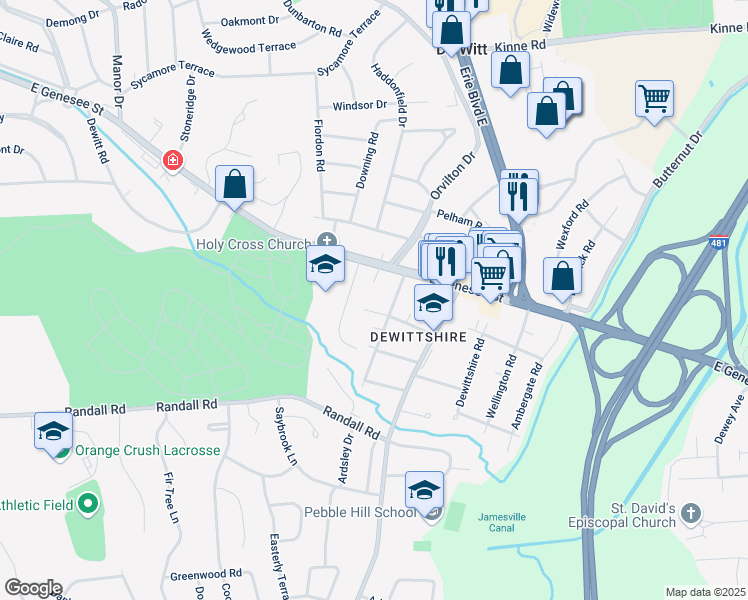 map of restaurants, bars, coffee shops, grocery stores, and more near 108 Cornwall Drive in Syracuse