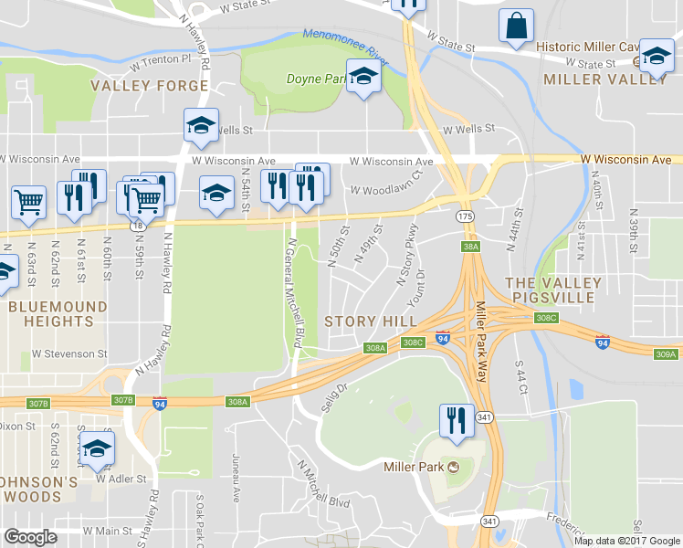 map of restaurants, bars, coffee shops, grocery stores, and more near 4911 West Sunnyside Drive in Milwaukee