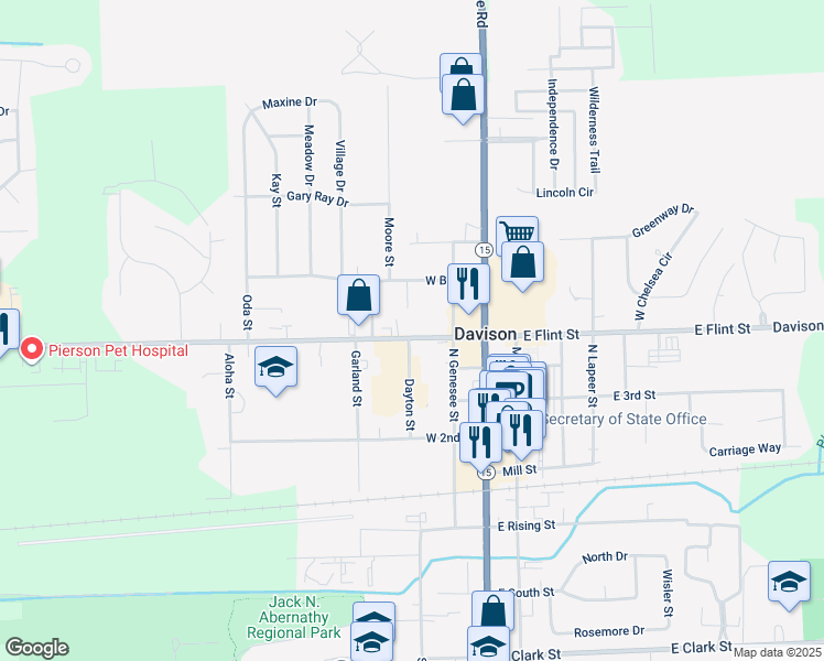 map of restaurants, bars, coffee shops, grocery stores, and more near 230 West Flint Street in Davison