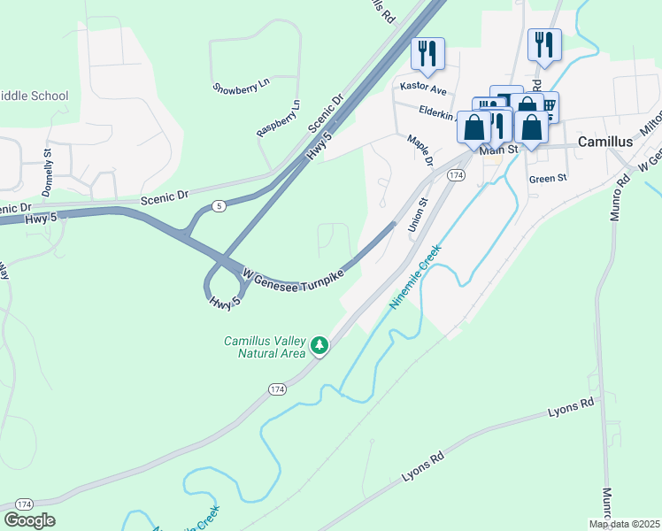 map of restaurants, bars, coffee shops, grocery stores, and more near 2793 West Genesee Turnpike in Camillus