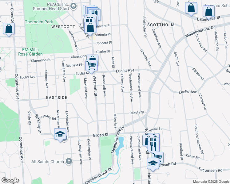 map of restaurants, bars, coffee shops, grocery stores, and more near 121-23 Miles Avenue in Syracuse