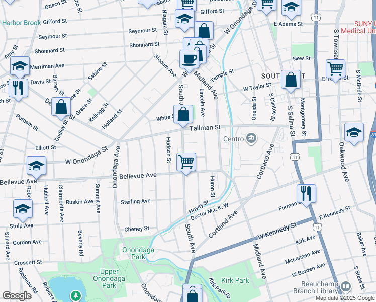 map of restaurants, bars, coffee shops, grocery stores, and more near 401 South Avenue in Syracuse