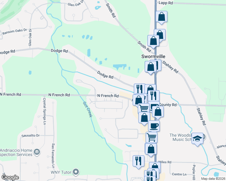 map of restaurants, bars, coffee shops, grocery stores, and more near 4410 North French Road in East Amherst