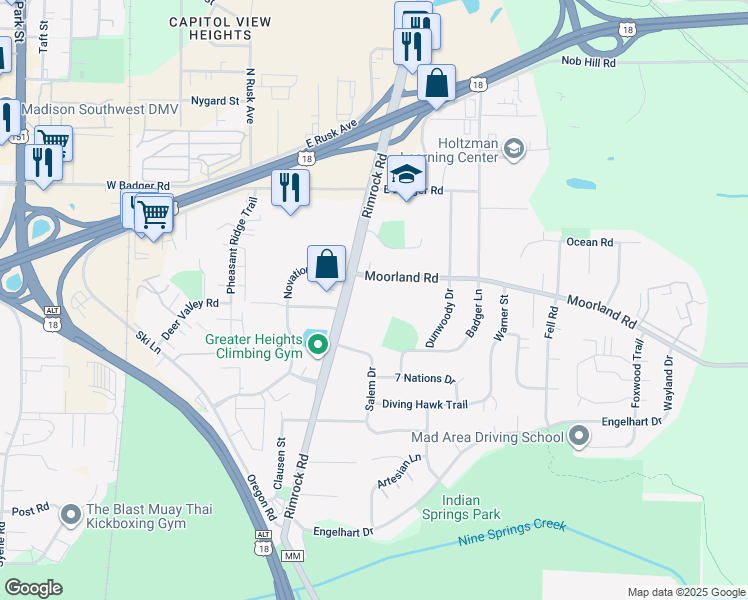 map of restaurants, bars, coffee shops, grocery stores, and more near 405 Moorland Road in Madison