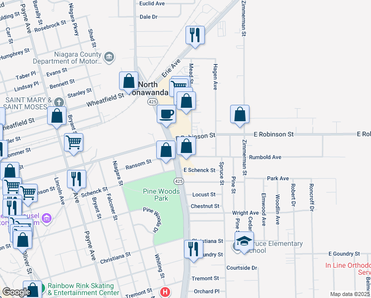 map of restaurants, bars, coffee shops, grocery stores, and more near 16 Mead St in North Tonawanda
