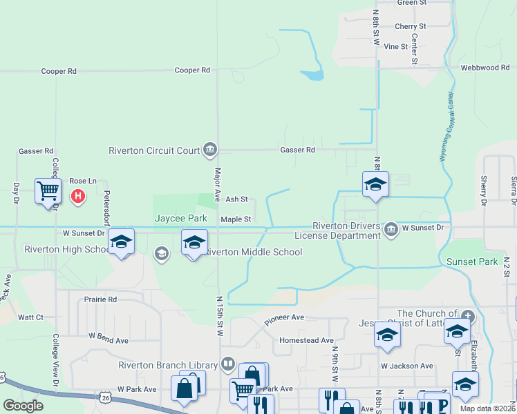 map of restaurants, bars, coffee shops, grocery stores, and more near 917 Elm Street in Riverton