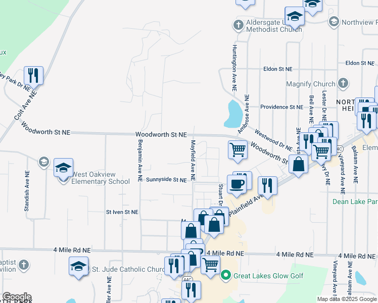 map of restaurants, bars, coffee shops, grocery stores, and more near 3945 Mayfield Avenue Northeast in Grand Rapids