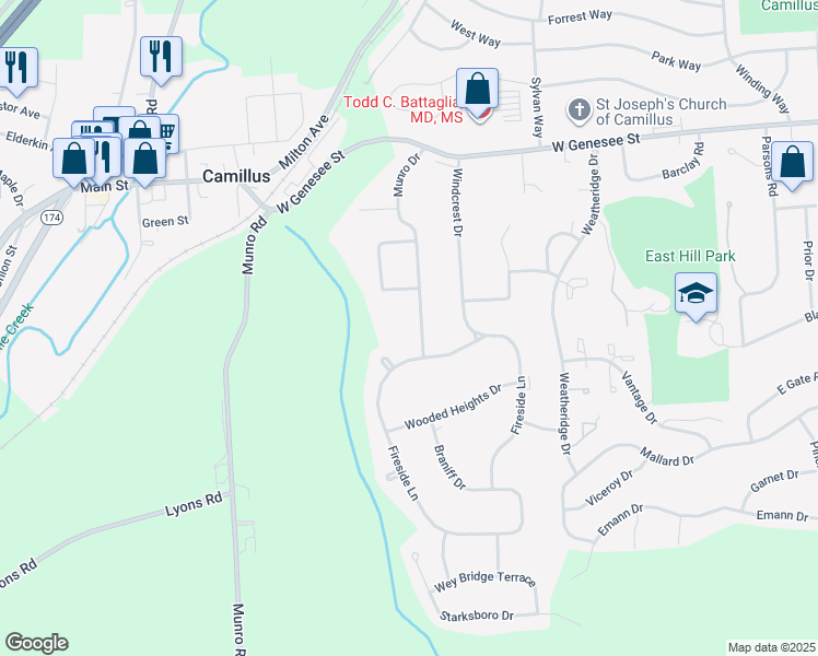 map of restaurants, bars, coffee shops, grocery stores, and more near 119 Munro Dr in Camillus