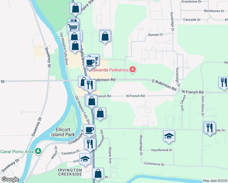 map of restaurants, bars, coffee shops, grocery stores, and more near 150 North French Road in Buffalo