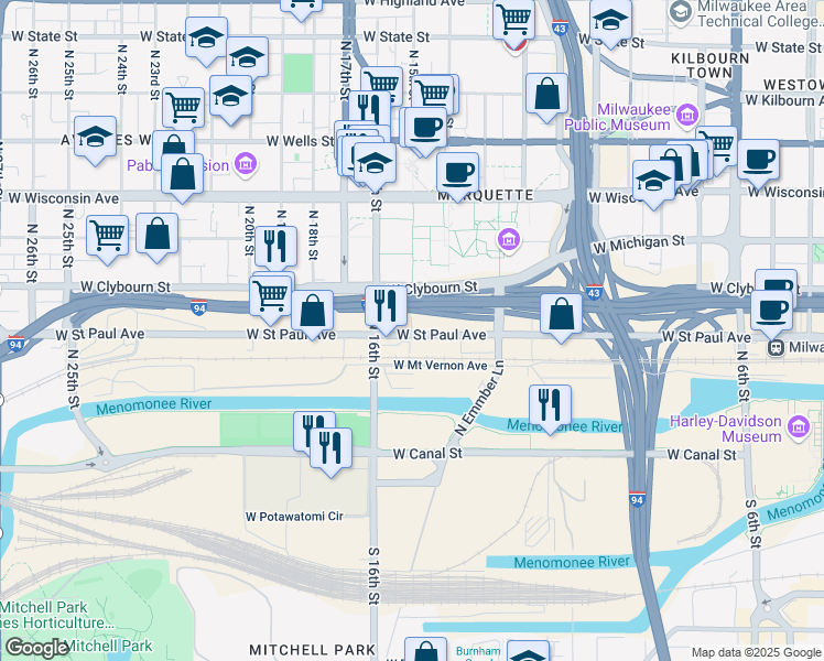 map of restaurants, bars, coffee shops, grocery stores, and more near 422 North 15th Street in Milwaukee